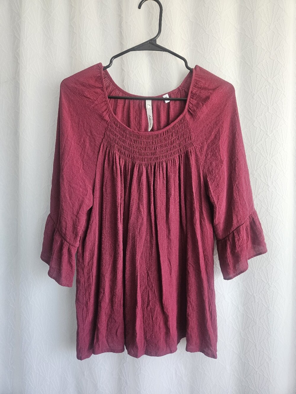 NY Collection Burgundy Smocked Round-Neck Blouse Medium